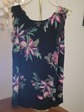 Michel Studio Black Floral Sleeveless Camisole with Pink & Green Blooms